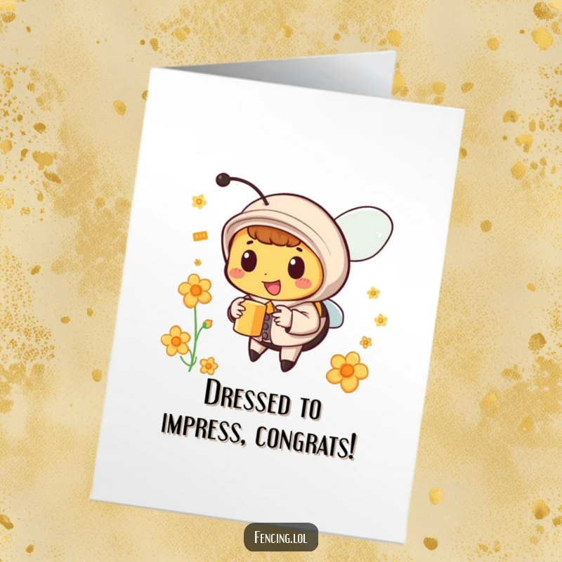 Funny Free Printable Congratulations Card: Happy bee in a tiny suit collecting nectar, celebrating success with dapper charm.