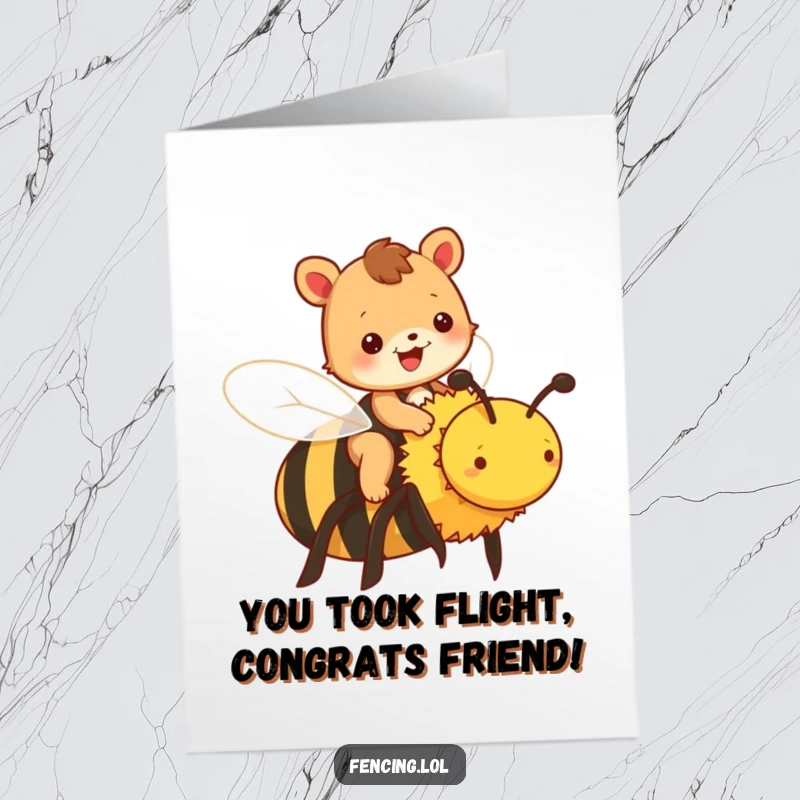 Funny Free Printable Congratulations Card: Cheerful animal riding a giant bee, celebrating success with joy.
