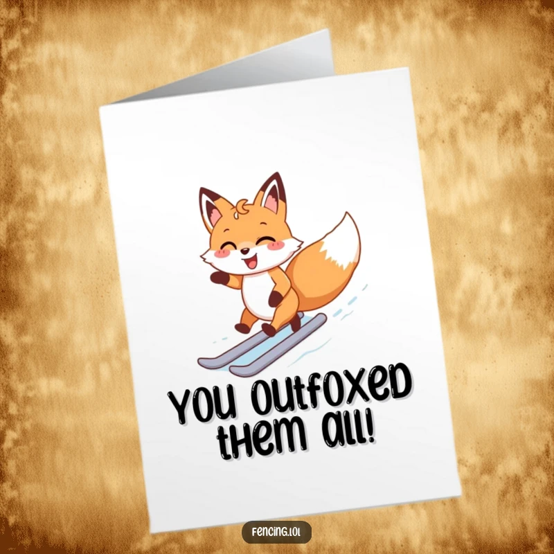 Funny Free Printable Congrats Card: A happy fox skates with pure delight across an ice rink, celebrating your achievement with energetic flair.