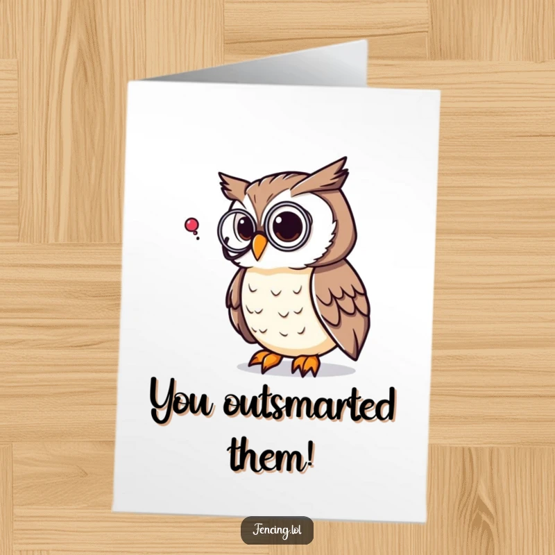 Funny Free Printable Congratulations Card with a monocled owl pondering a large question mark, celebrating intelligence.