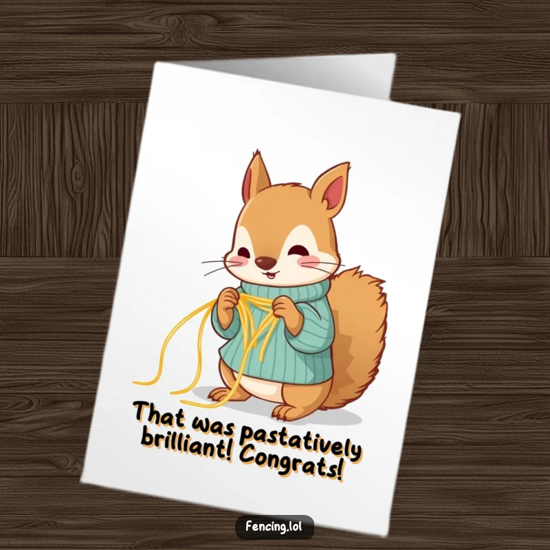 Funny Free Printable Congratulations Card: A squirrel hilariously attempting to knit a tiny sweater using uncooked spaghetti strands.