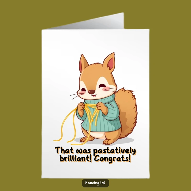 Free Printable Congrats Card: Squirrel Knitting Spaghetti Sweater - Quirky Downloadable Gift
