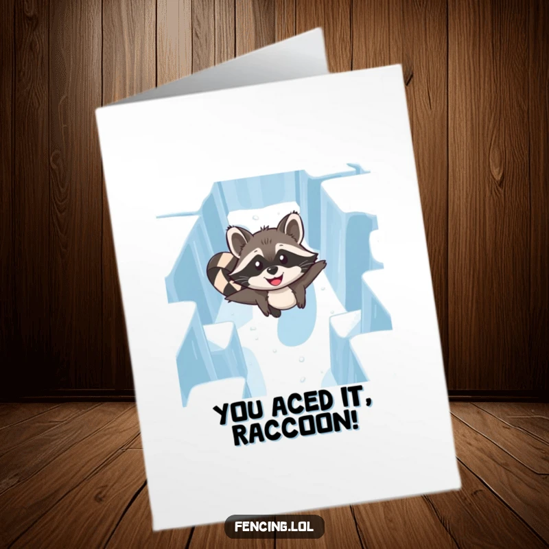 Funny Free Printable Congratulations Card: A happy raccoon triumphantly glides through an ice maze, celebrating a big win.