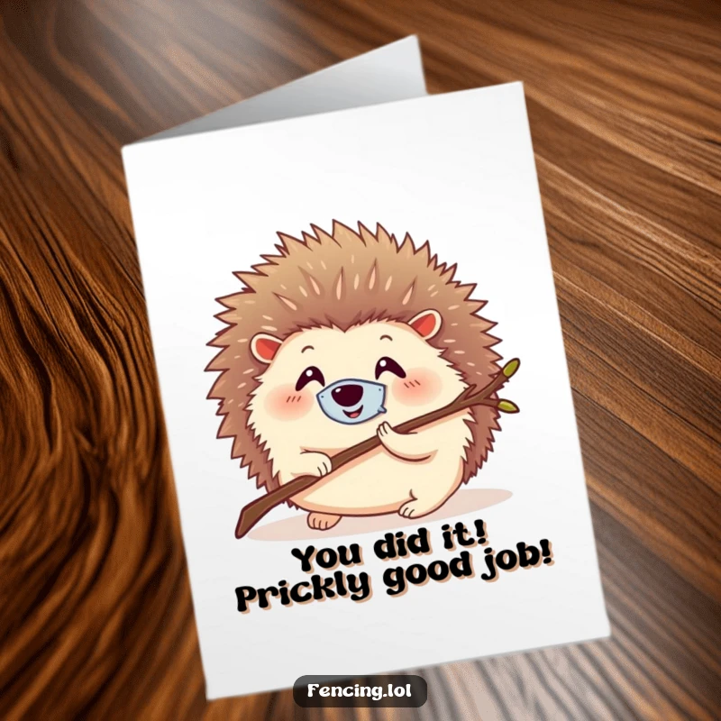 Funny free printable congratulations card showing a round hedgehog with a mask, lunging with a twig.