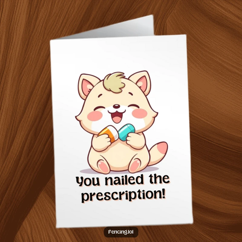 Funny Free Printable Congratulations Card: a joyful animal giving a colorful pill, a quirky and witty downloadable gift.