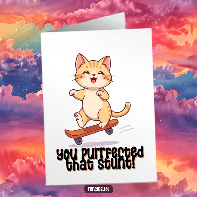 Funny Free Printable Congrats Card: A playful cat glides with sophisticated ease on one skate, celebrating your success with feline finesse.