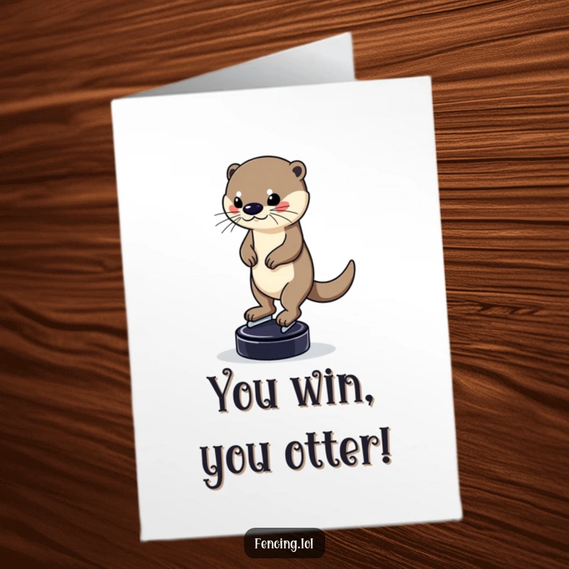 Funny Free Printable Congratulations Card: Determined otter masterfully balancing on a puck while skating, celebrating a significant win.