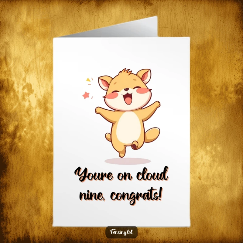 Free Printable Congrats Card: A happy animal is giggling and performing a silly dance in the air. Exuberant and funny design.