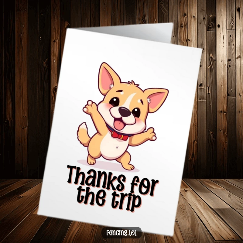 Funny Free Printable Dog Thank You Card: A wobbly dog trips while gesturing, expressing thanks with a charming stumble, great gift.