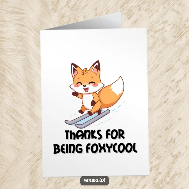 Funny Free Printable Thank You Card: A happy fox skates with sheer delight on an ice rink, conveying your thanks with infectious enthusiasm.