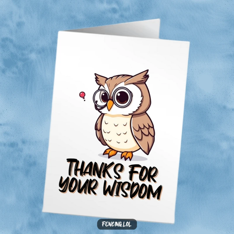 Funny Free Printable Thank You Card featuring a monocled owl thoughtfully pondering a giant question mark, expressing thanks.