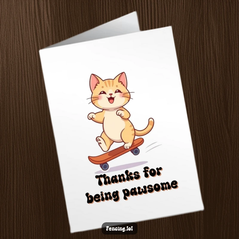 Funny Free Printable Thank You Card: A playful cat masters a single skate glide with effortless grace, conveying your thanks with sophisticated charm.