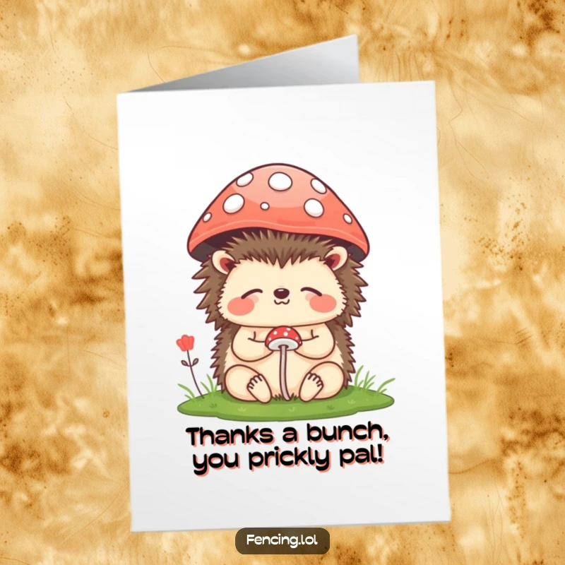 Funny Free Printable Thank You Card: A happy, meditating hedgehog under a mushroom, symbolizing peaceful gratitude.