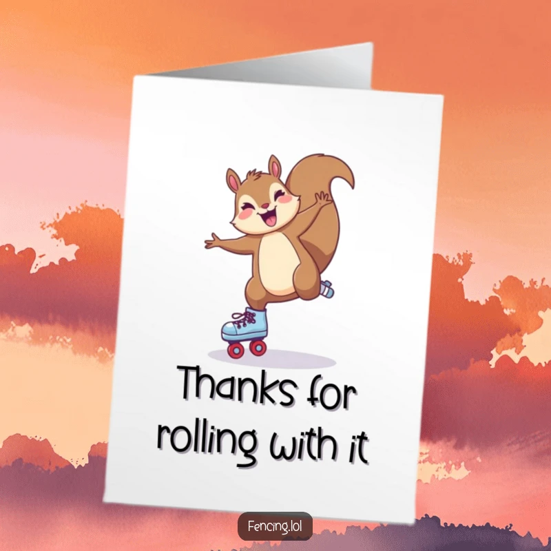 Funny Free Printable Thank You Card: Joyful squirrel in a cartwheel on roller skates, a fun way to express thanks with energy.
