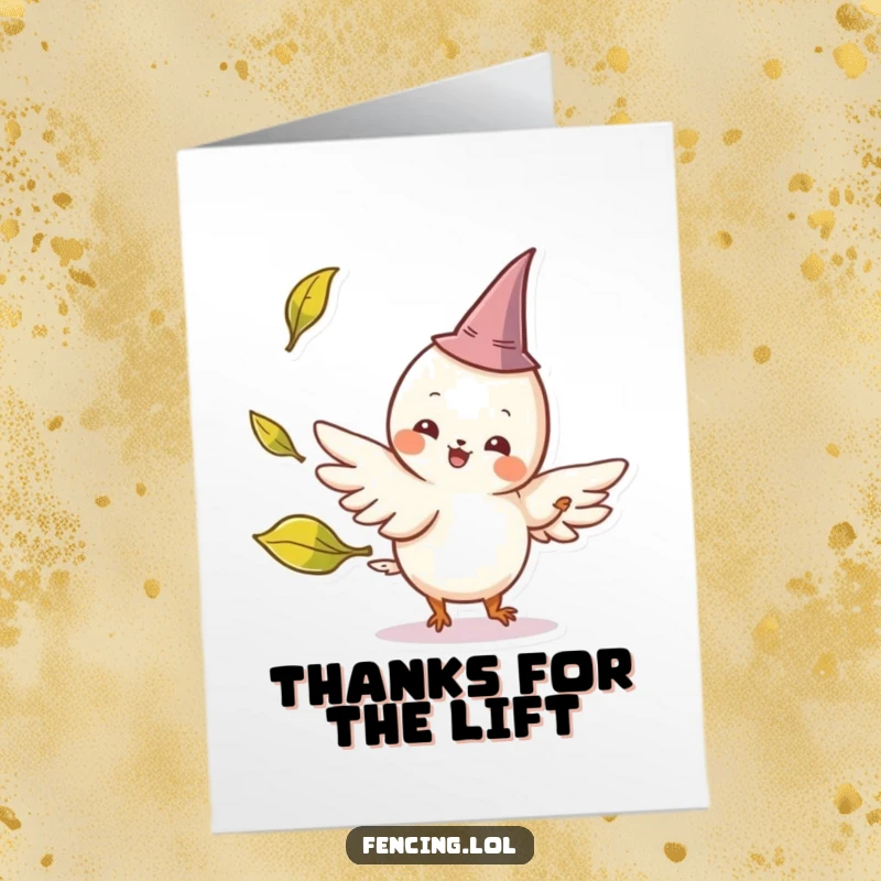 Funny Free Printable Thank You Card: Cheerful winged creature with a tiny pointed hat parries a leaf.