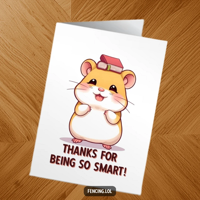 Funny Free Printable Thank You Card: Giggling hamster balancing a tiny book on its head, smart and grateful, downloadable art.