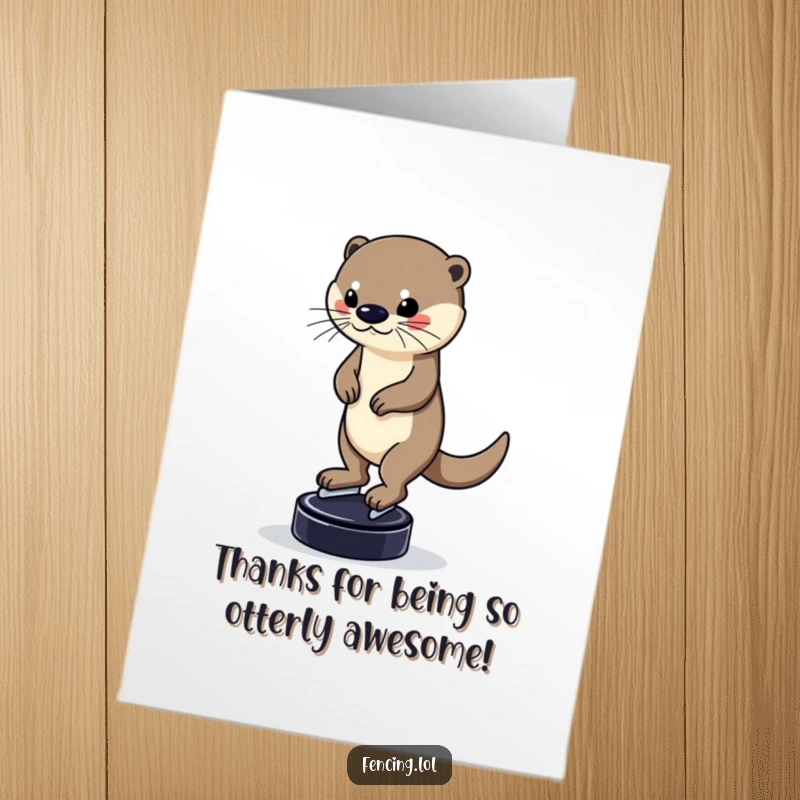 Funny Free Printable Thank You Card: A determined otter with a focused expression, balancing perfectly on a puck while ice skating.