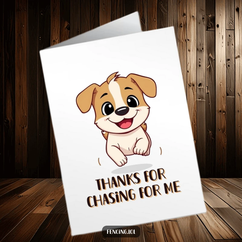 Funny Free Printable Thank You Card: Curious dog speeding ahead with a grin, a wagging tail of thanks in printable form.