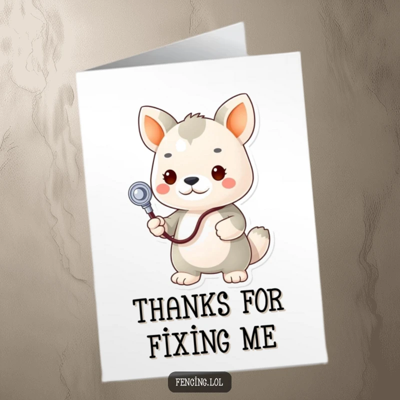 Funny Free Printable Thank You Card: a determined animal vet with a stethoscope and a plush toy, expressing gratitude humorously.