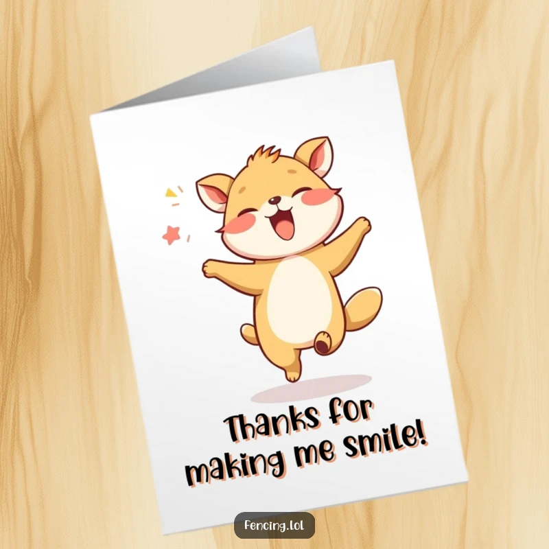 Free Printable Thank You Card: A giggling animal is doing a silly dance in the air. A playful and memorable design.