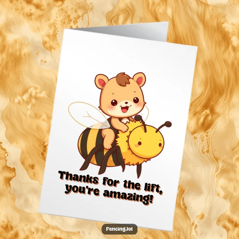 Funny Free Printable Thank You Card: Cheerful animal waving while riding a large bee, expressing thanks.