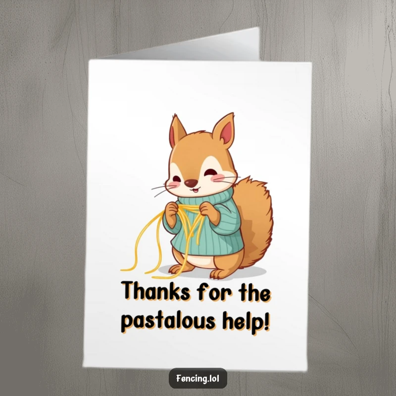 Funny Free Printable Thank You Card: A squirrel focused on knitting a sweater, using spaghetti strands as yarn.