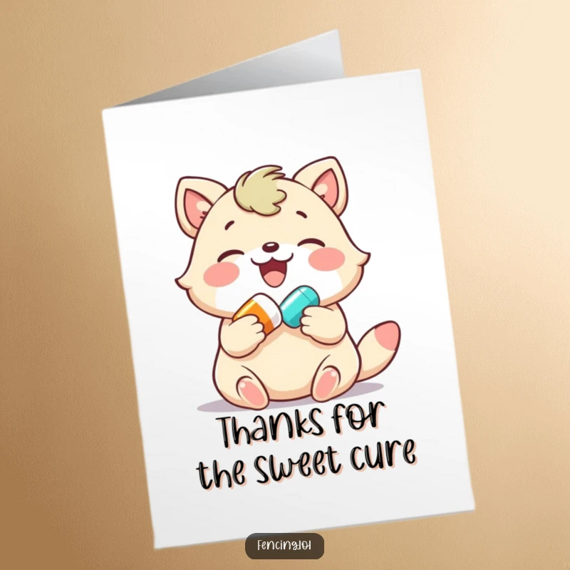 Funny Free Printable Thank You Card: a joyful animal administering a colorful pill, a funny and charming downloadable.