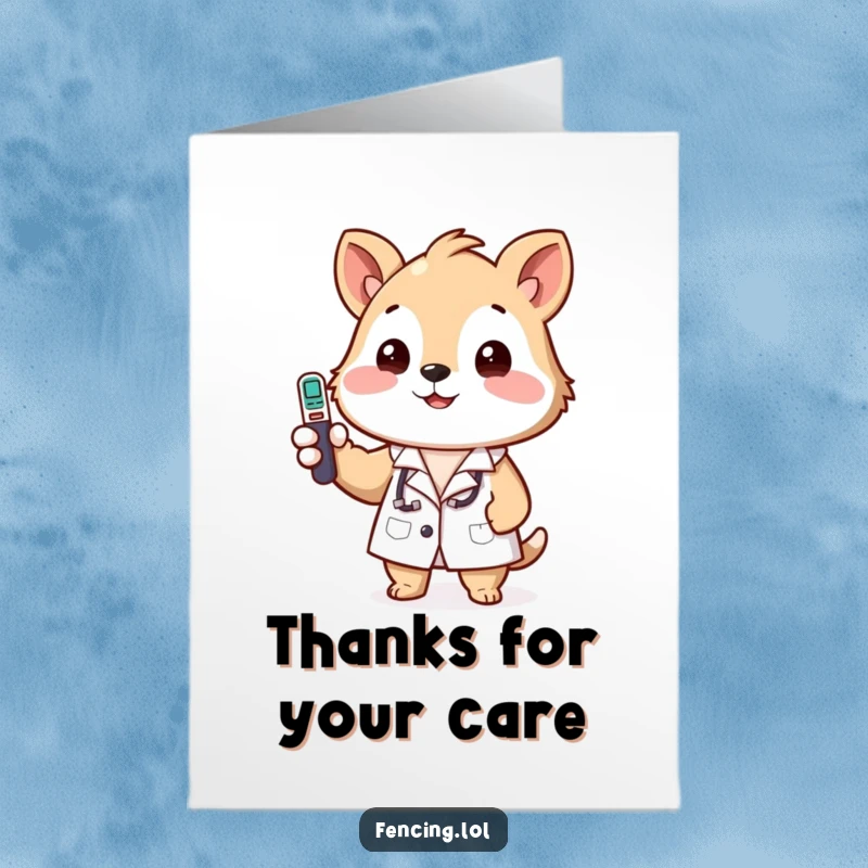 Funny Free Printable Thank You Card: An animal wearing a lab coat humorously checks a thermometer, a funny way to show appreciation.