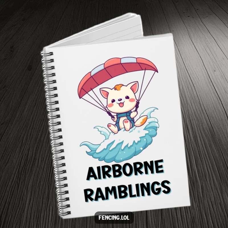 Funny playful animal waving from a paraglider harness on a notebook cover, inspiring fun and creative writing.