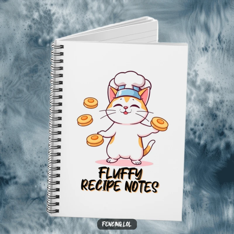 Funny notebook with a cat chef juggling pancakes, perfect for writing recipes and kitchen notes.