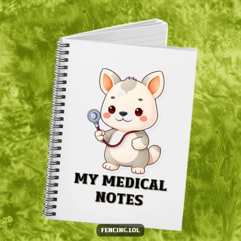 Funny notebook, determined animal vet using stethoscope on plush toy, for jotting down funny thoughts and ideas.