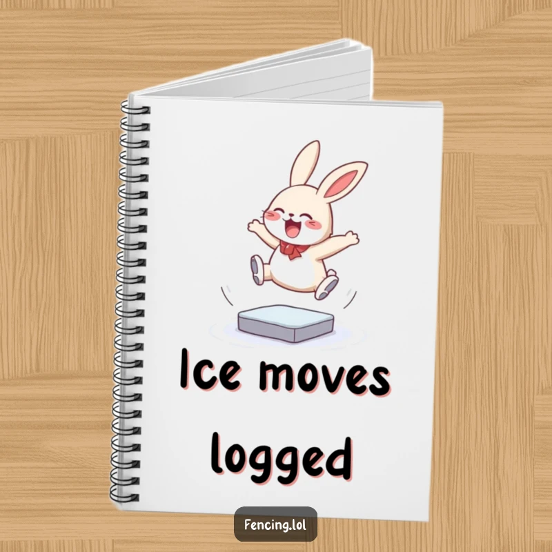 Funny notebook featuring a giggling bunny attempting a triple jump on ice, ideal for note-taking, offering a humorous and inspiring design for ambition, a unique gift.