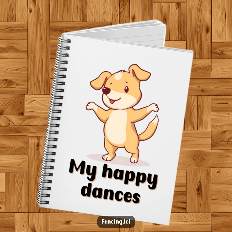 Funny notebook cover with a curious dog performing a pirouette with a wagging tail, perfect for your notes.