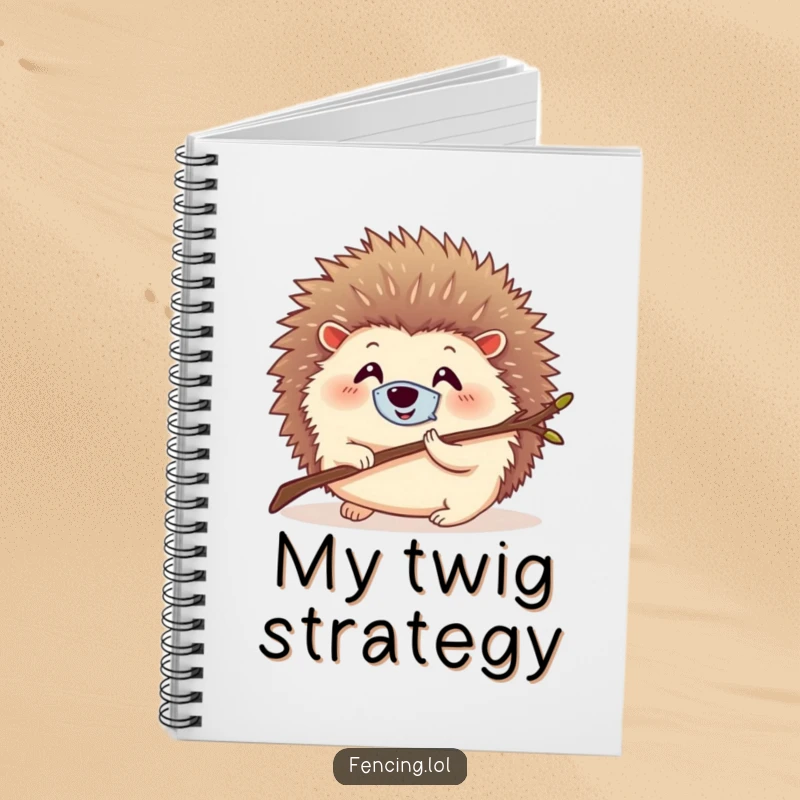 Funny notebook featuring a round, smiling hedgehog with a tiny mask, lunging with a twig, perfect for journaling with humor.