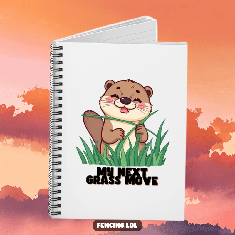 Funny notebook featuring a happy otter with a determined grin, using a grass blade for fencing, ideal for note-taking with humor.