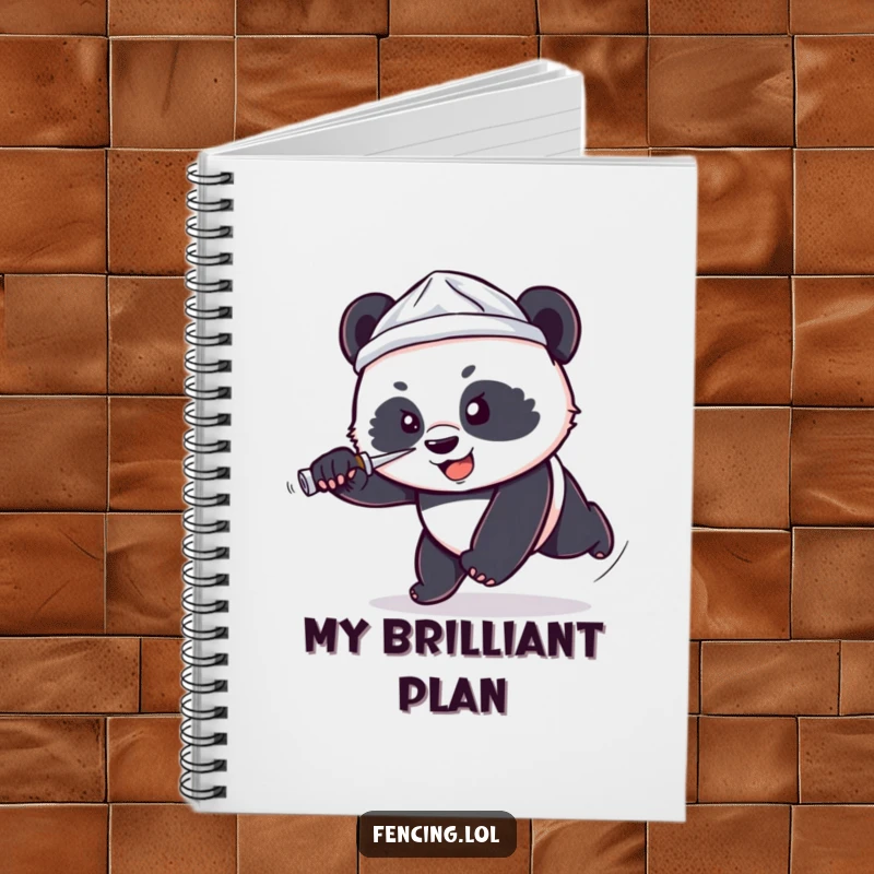 Funny notebook cover with a determined, small panda wearing a tiny foil hat lunging forward with a foil, great for jotting down ambitious plans.