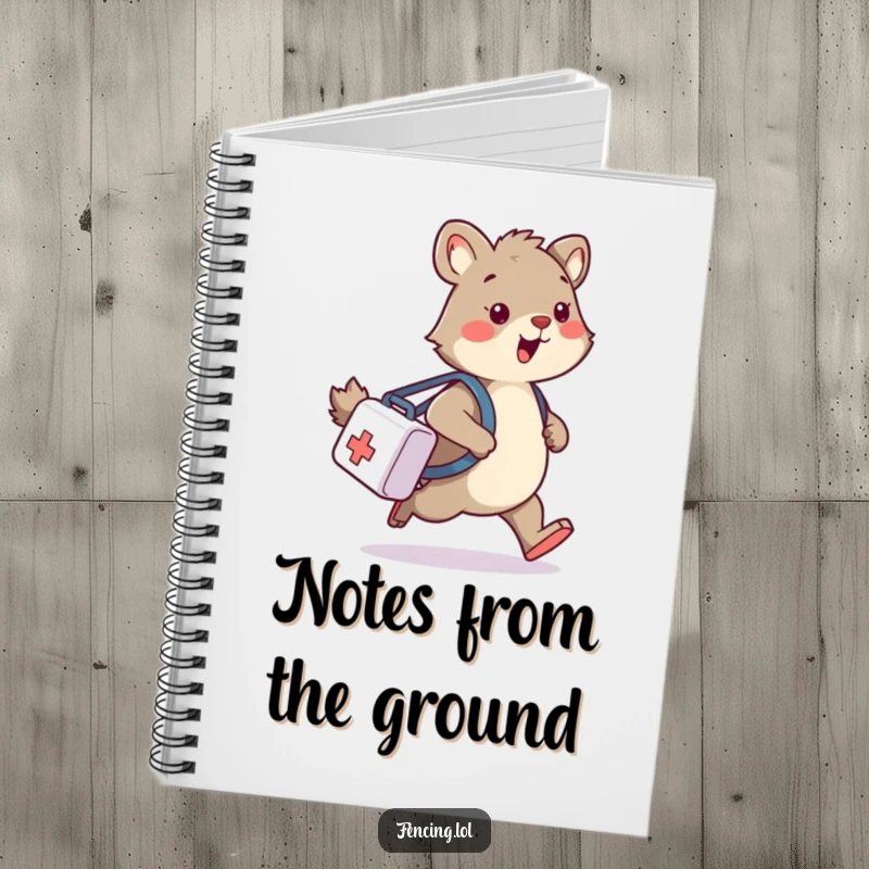 Funny notebook with a wobbly animal tripping while carrying a medical bag, ideal for jotting down humorous thoughts.
