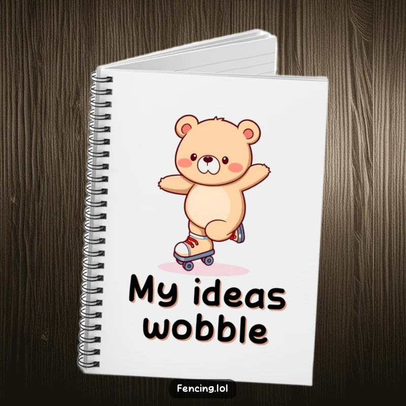 Funny notebook cover with a wobbly bear trying to balance on roller skates, an illustration of comical instability.