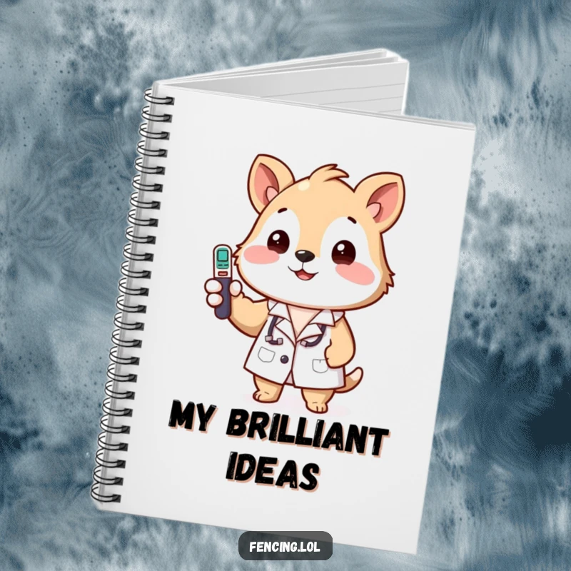 Funny notebook cover featuring a happy animal in a lab coat, checking a temperature with a focus on accuracy.