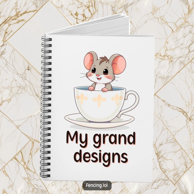 Funny brave mouse notebook, sitting bravely in a giant teacup, ideal for jotting down funny and brave ideas.