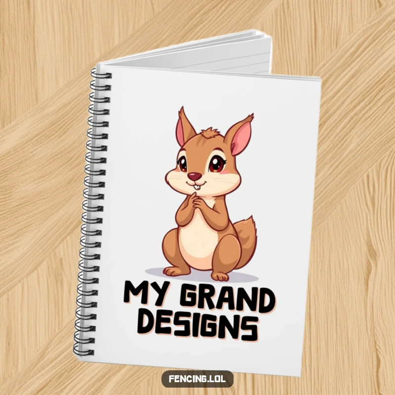 Funny notebook with a playful squirrel striking a dramatic, deep thinking pose, inspiring creative thoughts and witty notes.