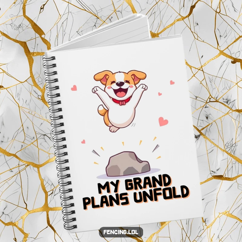 Funny notebook cover with a joyful dog leaping high in a spectacular vault, ideal for journaling with energetic and fun canine flair.