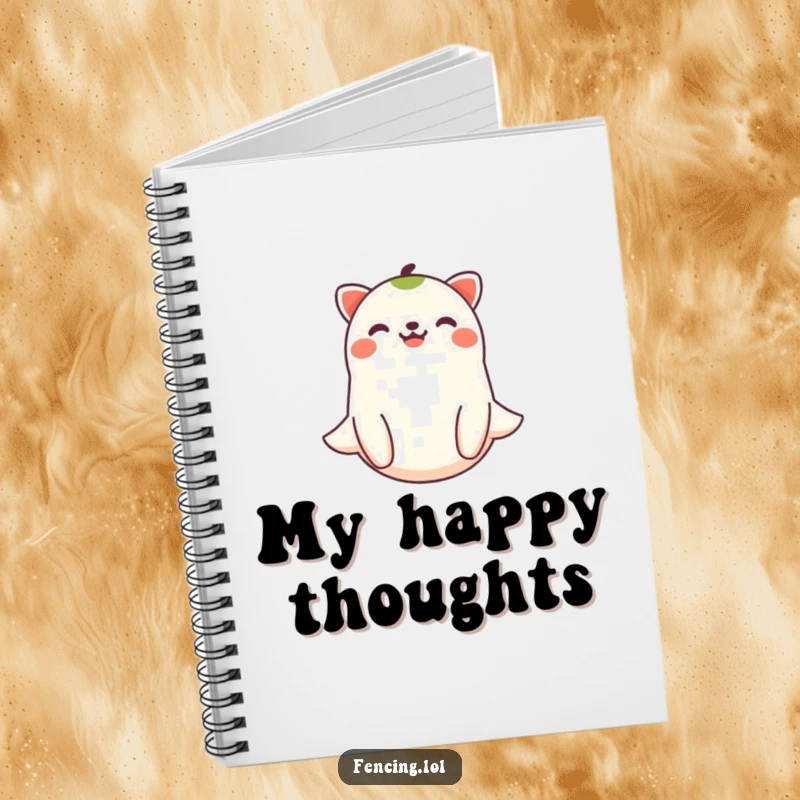 Funny joyful animal floating on a notebook cover, encouraging peaceful writing and gentle thoughts.