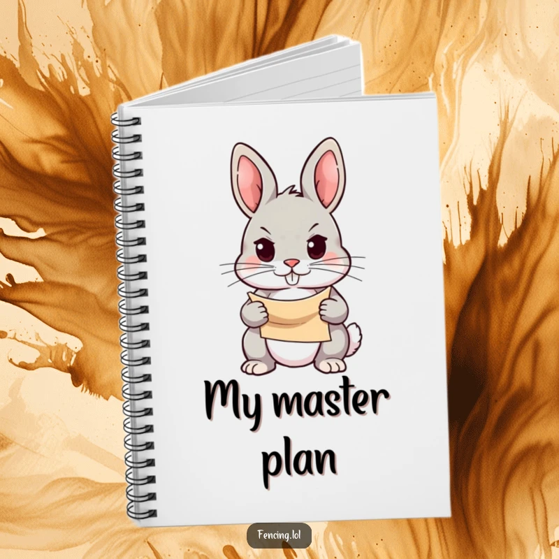 Funny notebook cover featuring a determined rabbit holding a scroll with a focused gaze, ideal for notes and strategic planning, great gift.