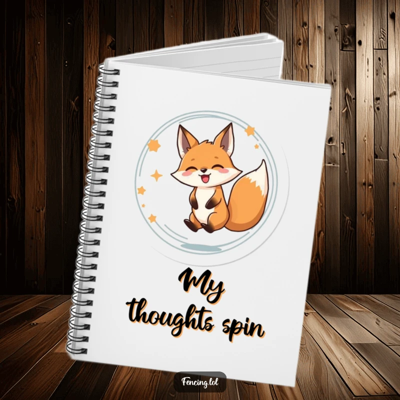 Funny notebook cover with a determined fox spinning in a circle, expressing pure joy and delightful abandon.