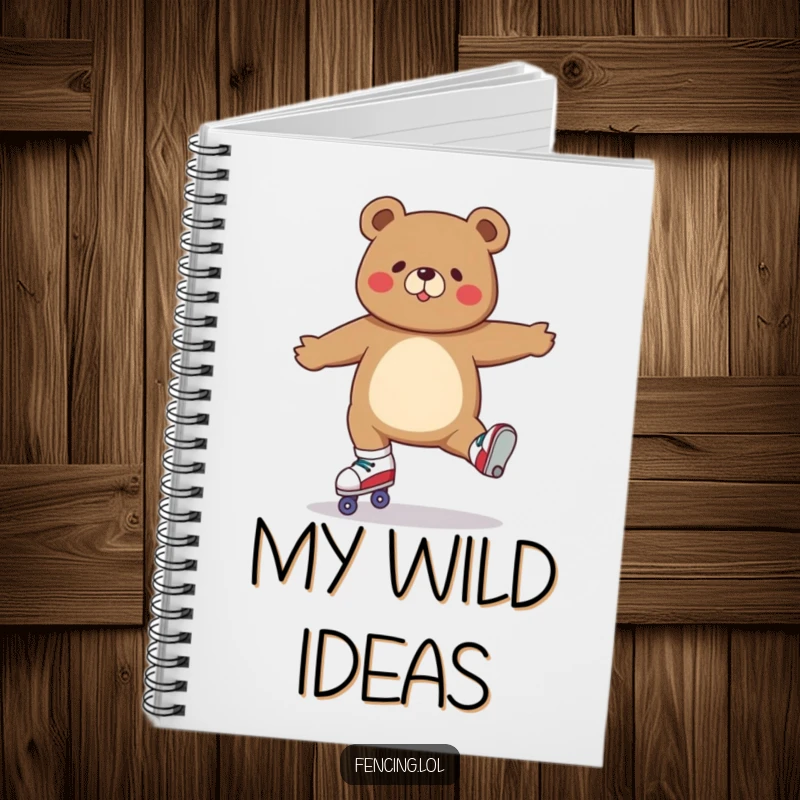 Funny notebook cover with a determined bear performing a perfect split on roller skates, ready for your notes.