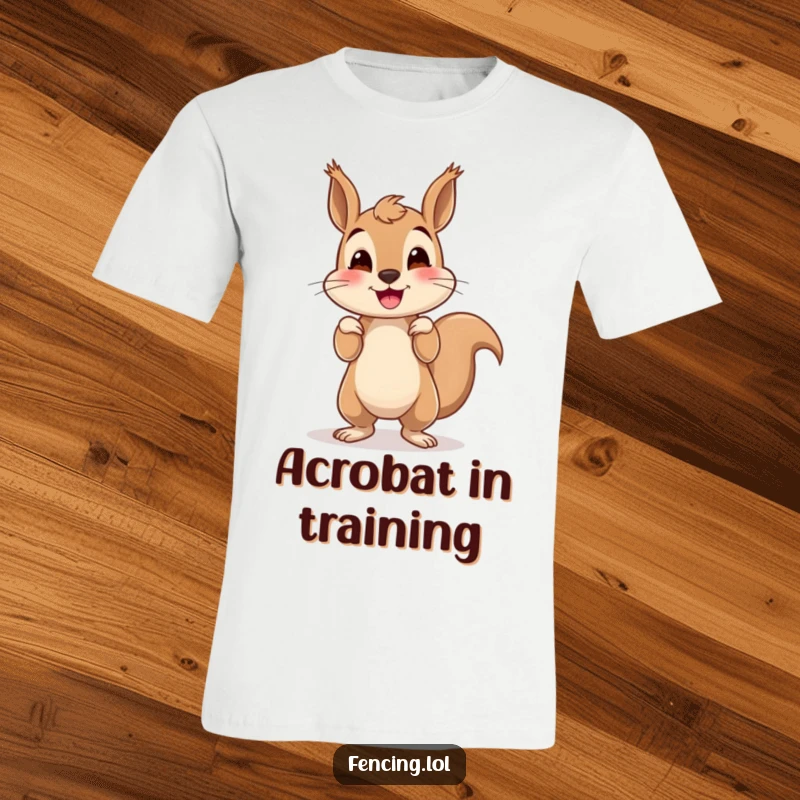 Funny squirrel t-shirt featuring a smiling squirrel balancing precariously on its hands, full of clumsy charm and humor.