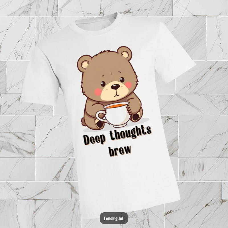 Funny T-Shirt: A bear deeply introspective, staring intensely at a teacup, conveying a humorous and thoughtful mood for the wearer.