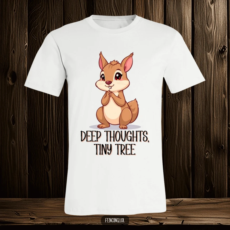 Funny t-shirt featuring a playful squirrel in a dramatic, deep thinking pose, looking impossibly wise and ready to solve problems.