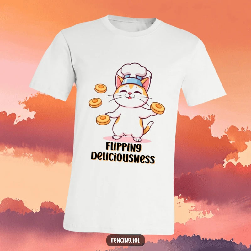 Funny t-shirt featuring a cat chef expertly juggling flying pancakes, perfect for foodies and cat lovers.